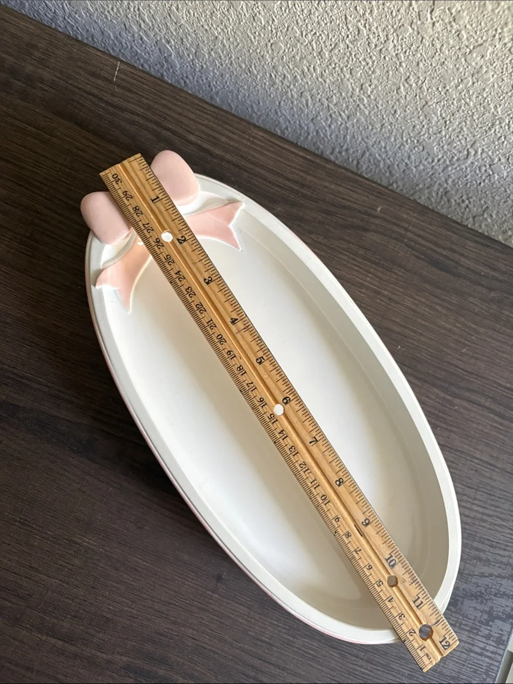 White Oval Ceramic Tray with Light Pink Bow Accent